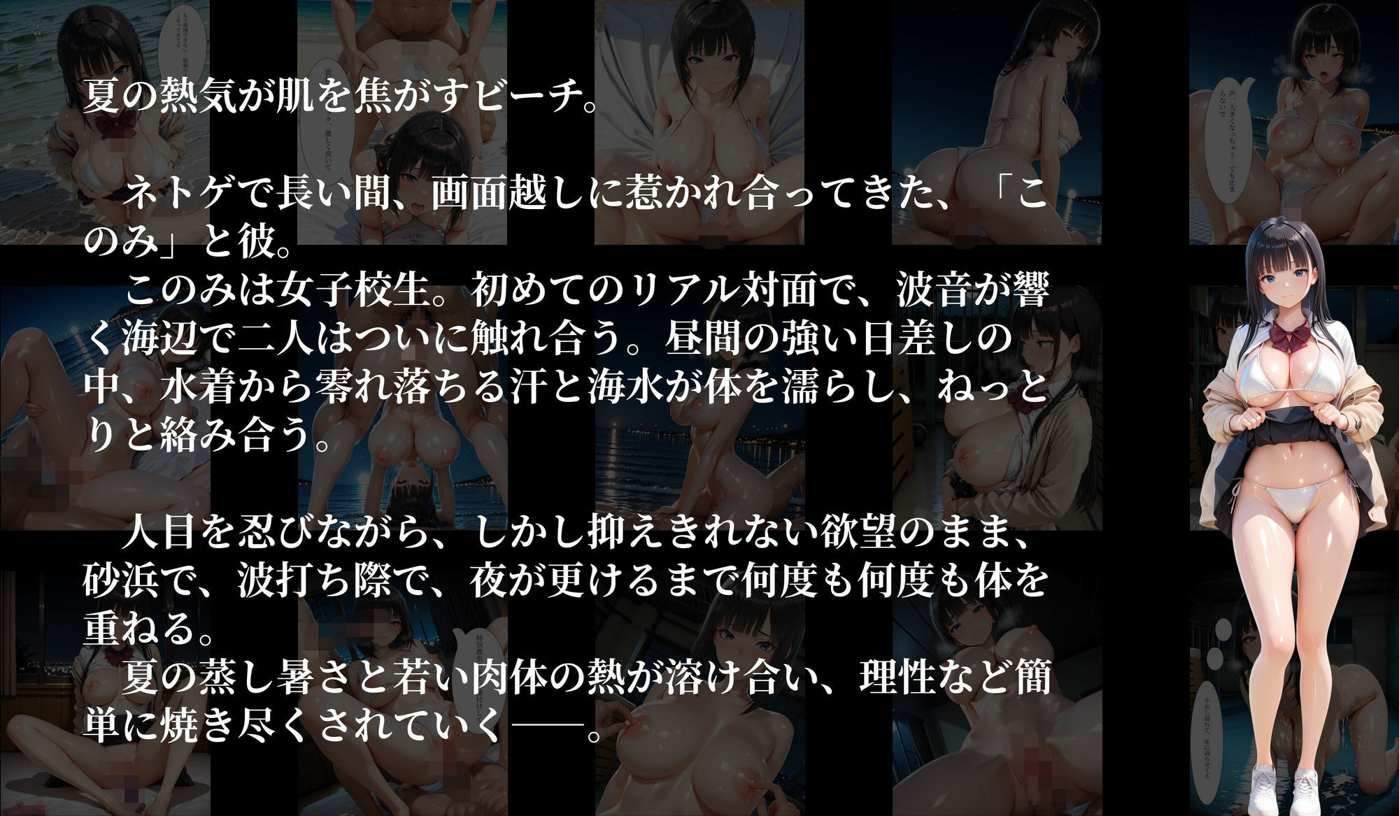 ［500枚の4K高画質（100枚以上にセリフあり）］夏浜学姦〜ネトゲ女生徒と浜辺で夜まで獣交尾〜｜しずく サンプル画像 2