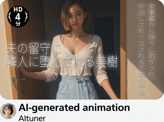 【4分】夫の留守に隣人に堕とされる美樹 ―― 家事着から徐々に剥がされ、中出しされイカされる不倫の午後|AItuner
