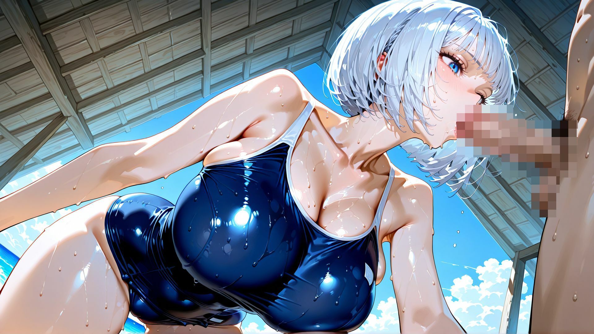 【4K】スク水姿の巨乳JKを、夏の海で汗だく中出しセックス｜ぴくぴくらんど サンプル画像 8