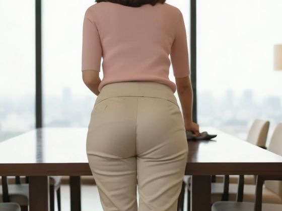 お掃除・テーブル拭きに勤しむ美女の後ろ姿〜スラックス越しに魅せる美尻ライン〜｜後ろ姿美人
