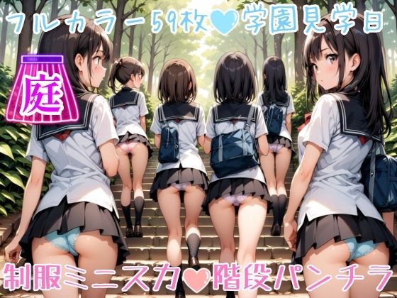 【59枚】女の子たちのミニスカ制服やパンティーやお尻をお好きなだけ観察できます♪今日は妄想の世界にあるエッチな街での学園見学日です♪街のいろいろな学園の校舎前にあるお庭の階段で、制服ミニスカート、オシリにくい込むパンツのパンチラをいっぱいごらんくださいね♪｜ひろぴょん工房